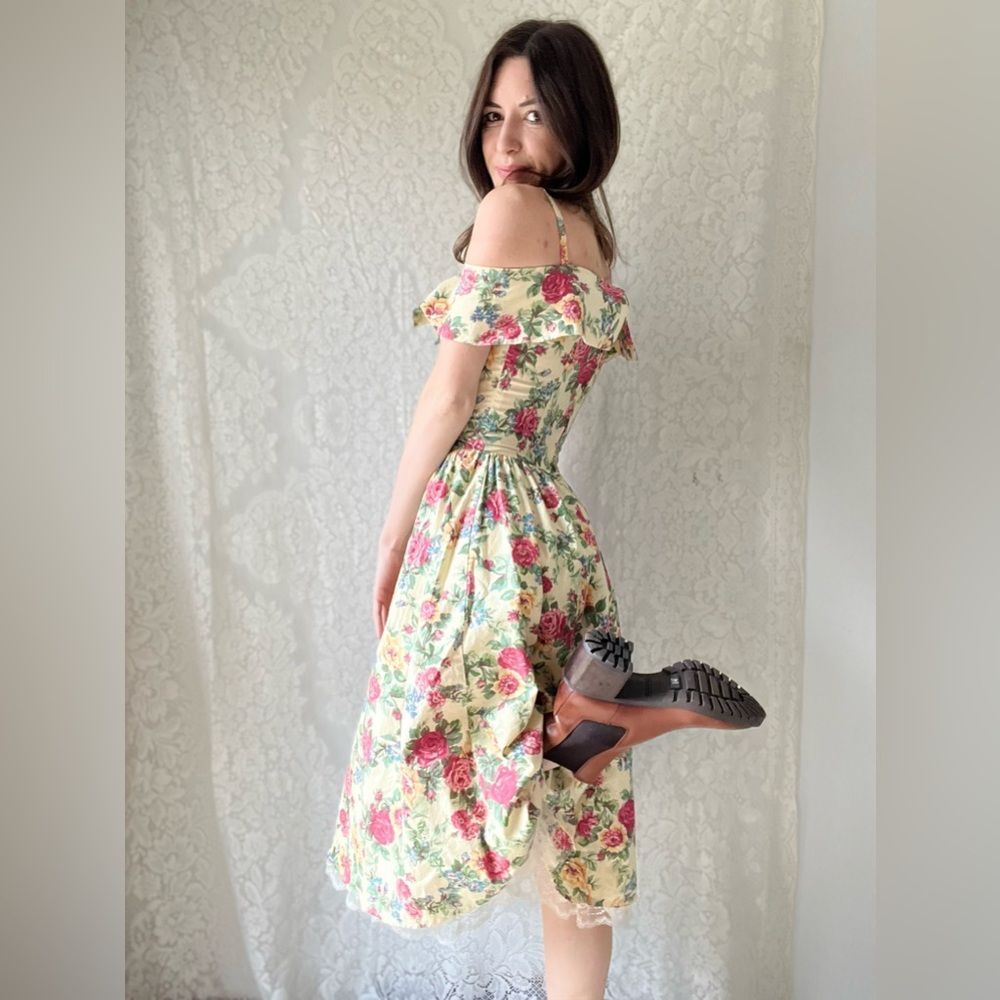Vintage 80s All That Jazz Drop Waist Floral Dress Corset Style & Lace Ruffle - Picture 6 of 16